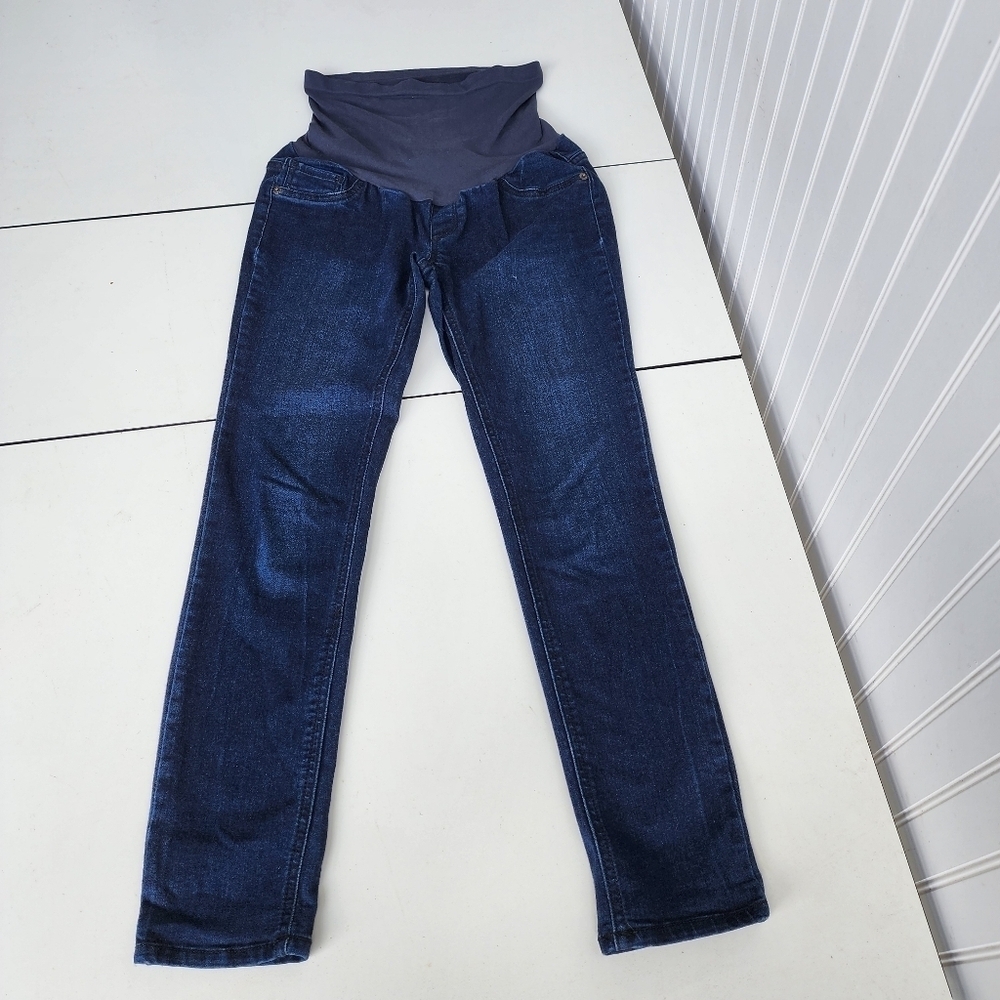 Indigo Blue Maternity Jeans Stretch Full Panel Dark Wash Pullover Petite PS